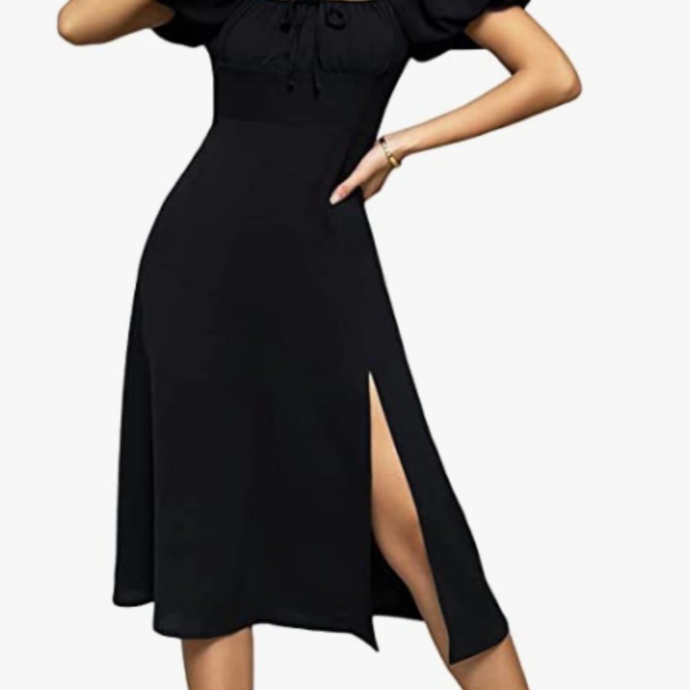 Tie Front Square Neck Puff Sleeve Split Long Flared Dress verdusa